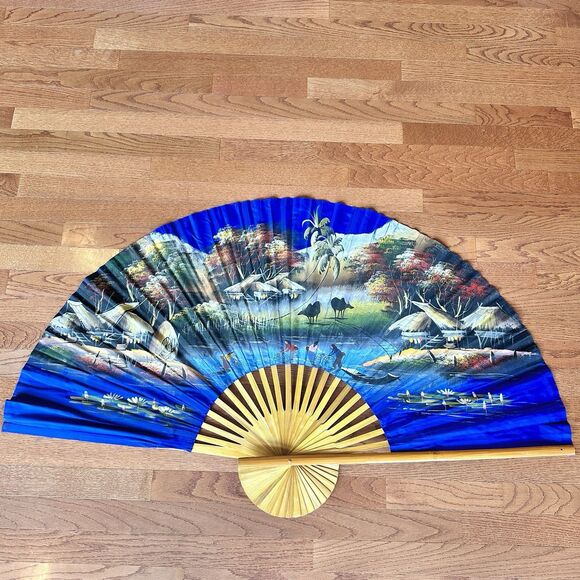 60 x 35 VTG Large Asian Fan Hanging Wall Décor HandPainted Village Mountain Lake - Picture 1 of 13